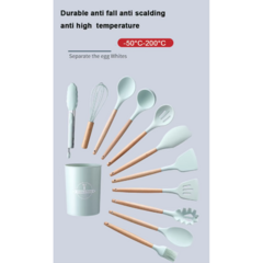 Set X12 Utensilios de Silicona con Mango de Madera Verde Agua - TuBazarOnline