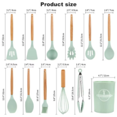 Set X12 Utensilios de Silicona con Mango de Madera Verde Agua - comprar online