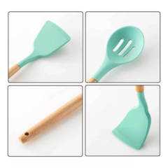 Set X12 Utensilios de Silicona con Mango de Madera Verde Agua - TuBazarOnline