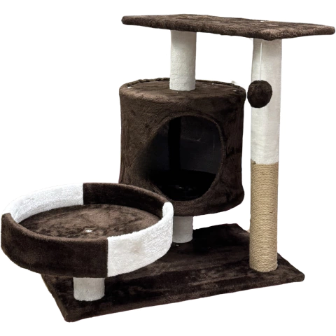 Mueble café para gatos con base de felpa marrón, dos plataformas, una cueva y poste rascador con pelota colgante