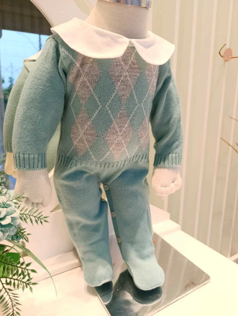 MACACAO TRICOT JACQUARD COM GOLA VERDE MENTA - MINI&CO