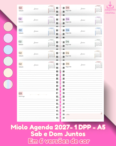 Miolo Agenda 2027 A5 - 1DPP Sáb e Dom Juntos em 6 Versões de Cores | Arquivo Digital