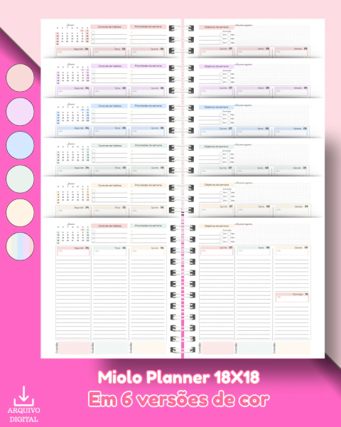 Miolo Planner 2027 18x18 - Semanal em 6 Versões de Cores | Arquivo Digital