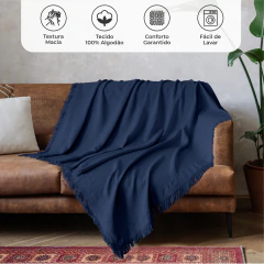 Manta Para Sofa e Cama Decorativa 1,70m x 1,40m Viena Lisa 100% Algodão Azul Marinho