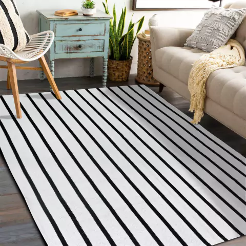 Tapete De Sala Mandacaru 1,50 X 3,50 Algodão Lavável em Máquina Listras Pretas - comprar online