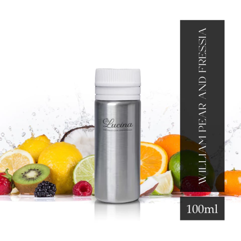 Frasco de fragancia William Pear And Fressia de 100ml con fondo de frutas frescas.