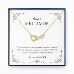 Colar feminino infinito com coração folheado a ouro 24k, com zircônias cravejadas e corrente veneziana, apresentado em caixa de presente personalizada com mensagem “Para o meu amor”. Joia romântica ideal para presente de Dia dos Namorados, aniversário de 