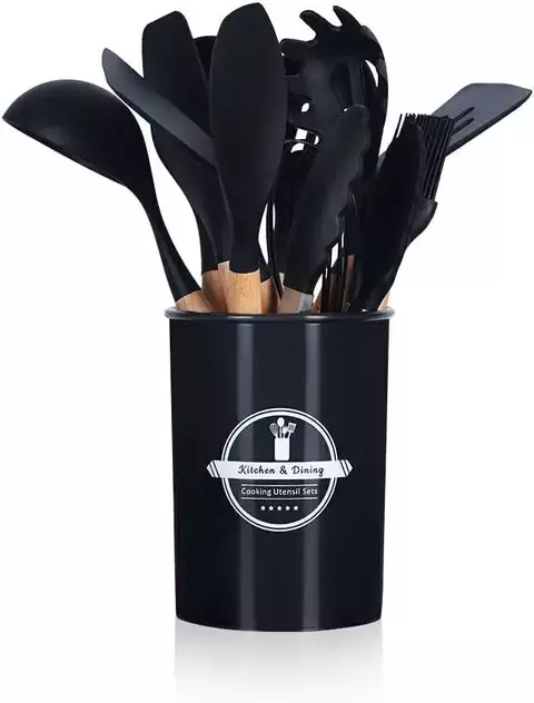 Kit Utensílios de Cozinha 12Pçs - Silicone e Cabo de Madeira - Preto