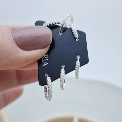 Trio de Brincos Prata 925 Argola com Zircônia - comprar online