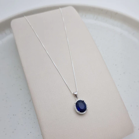 Gargantilha Prata 925 Pedra Azul Cravejada - comprar online