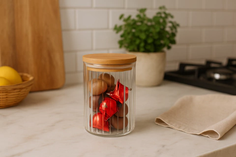 FRASCO DE VIDRIO RAYADO C/ TAPA HERMETICA BAMBU 500ML