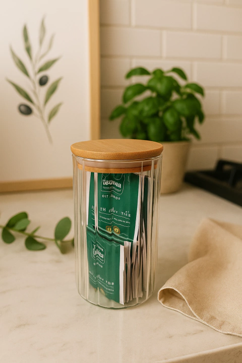 FRASCO DE VIDRIO RAYADO C/ TAPA HERMETICA BAMBU 700ML