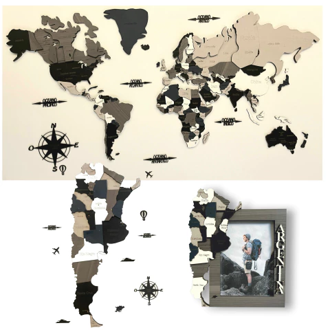 Set Planisferio 3D Gothic sin acc, Mapa Argentina 3D y Portarretrato Argentina 3D