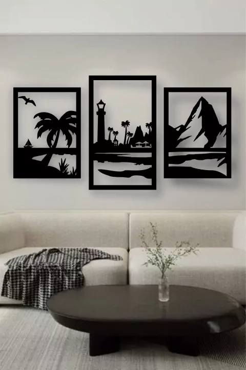 Cuadro Triptico Faro y Palmeras