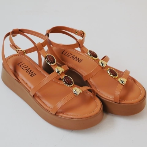 Sandália Capri Com Pedras Napa Like Nozes/Enfeite Dour. Tiramissu/ Sola Nozes