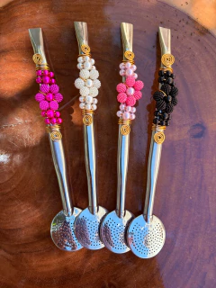 Bomba Inox Chimarrão Decorada Flor Pérola Diversas Cores