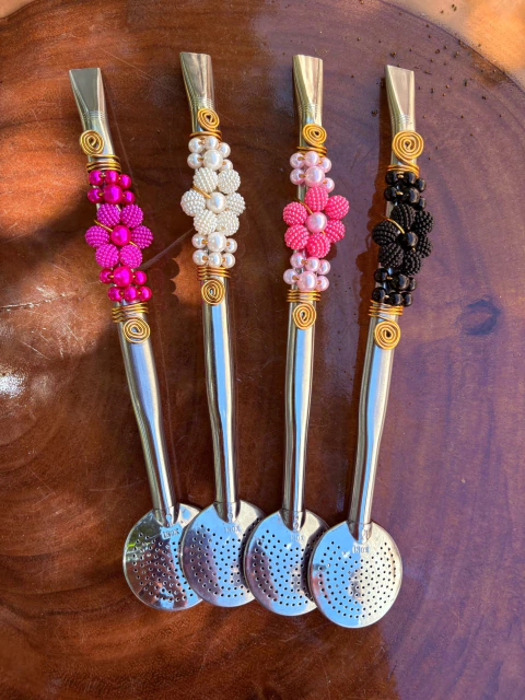 Bomba Inox Chimarrão Decorada Flor Pérola Diversas Cores