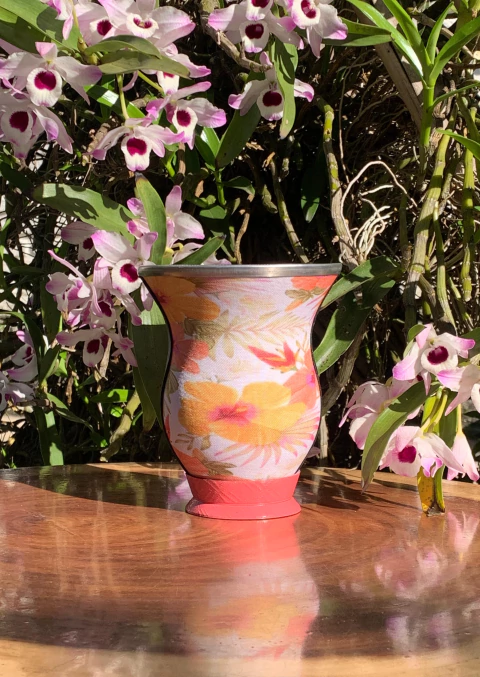 Cuia de Chimarrão Porongo Tecido Bocal Inox Estampada PRIMAVERA