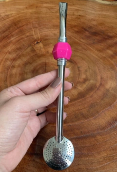 Bomba de Chimarrão Inox Com Pedra Colorida Sem Rosca