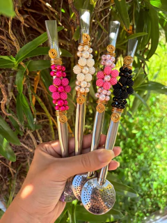 Bomba Inox Chimarrão Decorada Flor Pérola Diversas Cores