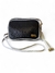 Bolsa feminina transversal preta em couro legítimo, com alça longa e detalhes em branco.