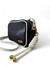 Bolsa feminina transversal preta em couro legítimo com detalhes em branco e fecho dourado.