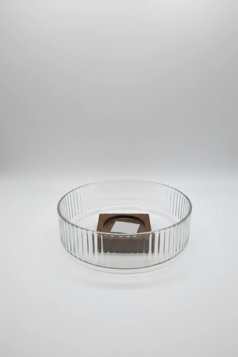 BOWL DE VIDRIO CON BASE DE MADERA