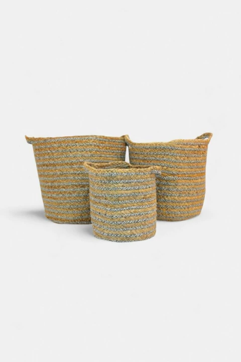 SET X 3 CANASTOS DE YUTE Y ALGODÓN GRIS