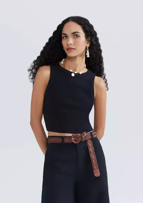Regata Feminina Cropped Halter Neck Em Ribana Canelada - Preto