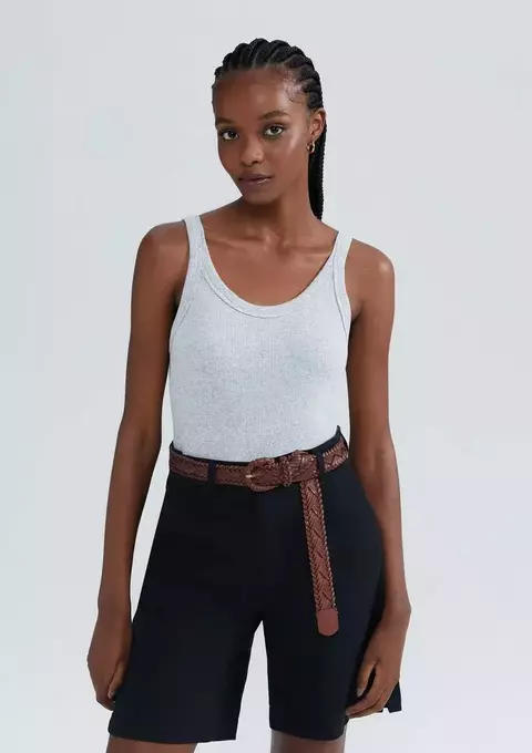 Regata Básica Feminina Slim Em Ribana Canelada - Cinza - comprar online