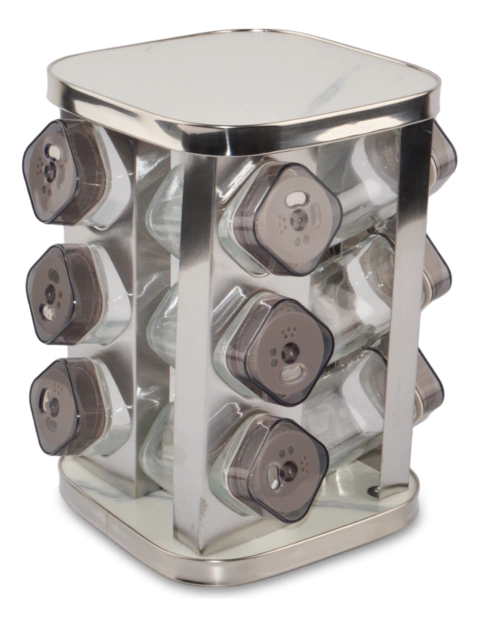 ESPECIERO GIRATORIO CUADRADO X12 FRASCOS CUADRADOS PLATEADO