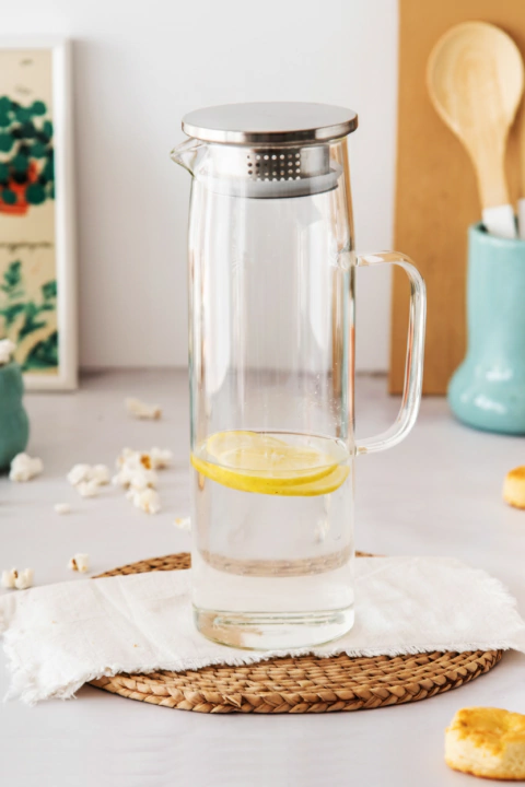 Jarra de Vidrio Recta con Tapa Acero Inoxidable 1.3Lts