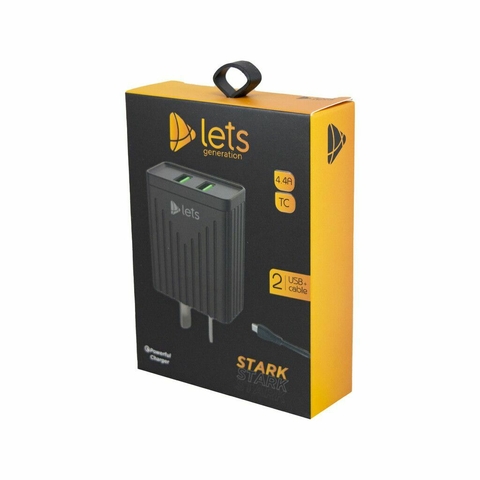 CARGADOR PARED LETS MOD08 – 4,4 A – 2 USB + Cable Tipo C – NEGRO