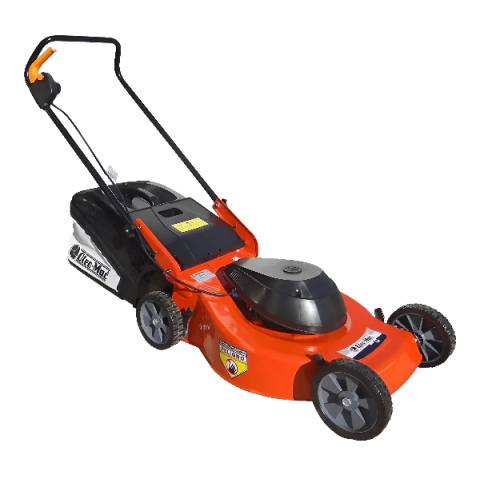 Cortadora de césped eléctrica Oleo-Mac GE47 color naranja y negro con ruedas y recolector de césped