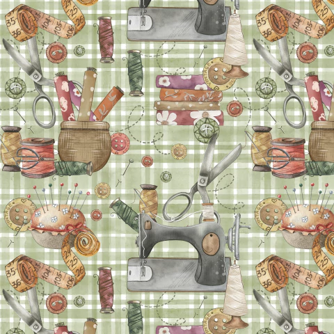 Tecido Tricoline 100% algodão digital - Costurando fundo verde - CS002 - 50cm x 1,50m - comprar online