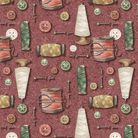 Tecido Tricoline 100% algodão digital - Carretéis e botões vinho - CS010 - 50cm x 1,50m - comprar online