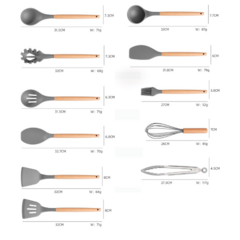 Set X12 Utensilios de Silicona con Mango de Madera Gris - TendenciasYA