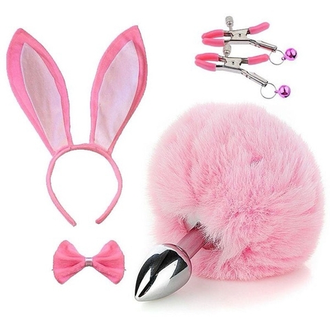 Kit Coelha Plug Tiara Grampos Seios Gravatinha - comprar online