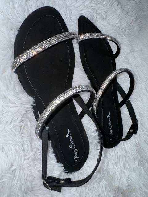 Sandália Flat Preta com Strass