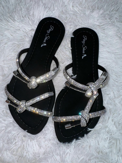 Rasteira Preta com Strass e Nó Luxo