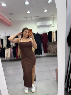 Vestido longo canelado amarração nas costas marrom SKU 059 - comprar online