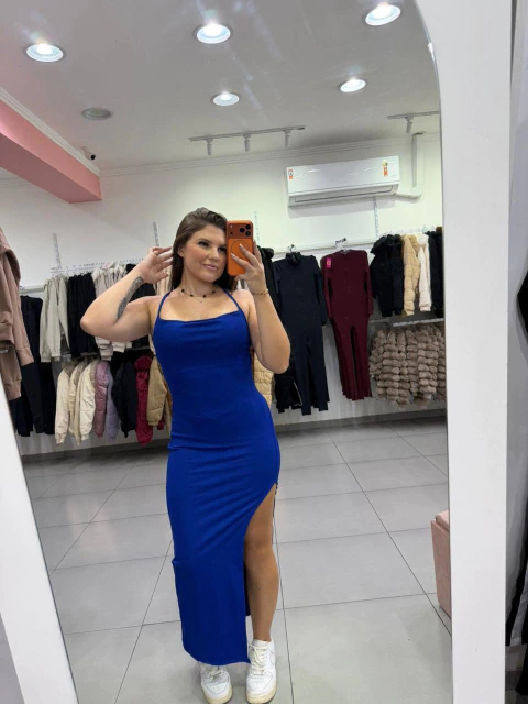 Vestido longo canelado amarração nas costas azul SKU 059 - comprar online