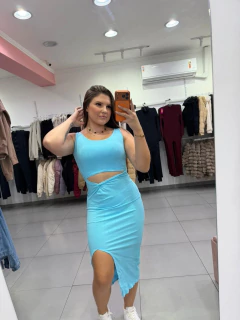 Vestido Canelado Algodão Midi Abertura Na Barriga E Fenda Lateral Azul SKU 333 - comprar online