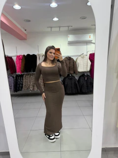 Conjunto Poliamida Com Saia Longa E Cropped Gola Quadrada Marrom SKU 534 - comprar online