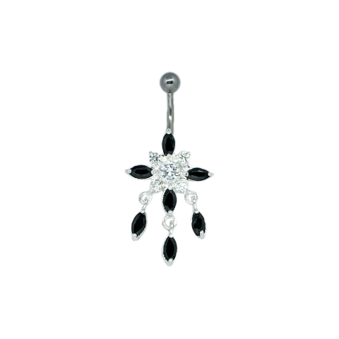 Piercing Prata 925 Flor Com Zircônias Pretas Para Umbigo