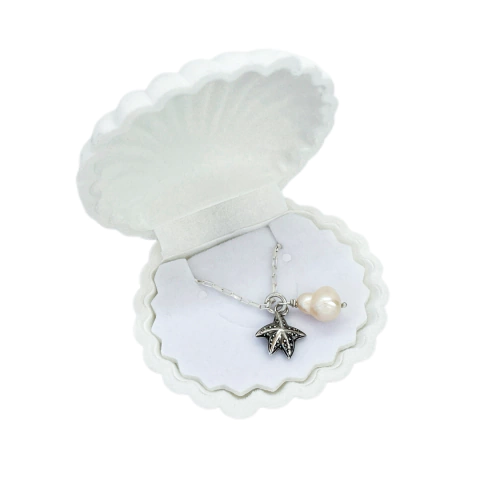 Gargantilha Prata 925 Elos Quadrados Com Patuá Estrela do Mar e Pérola