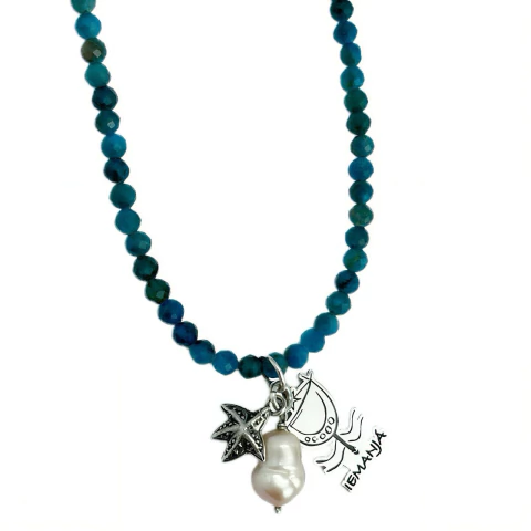 Colar Prata 925 Apatita Pingente Iemanjá Com Patuá Estrela do Mar e Pérola - comprar online