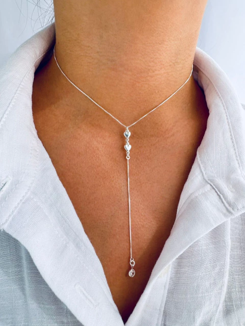 Gargantilha Prata 925 Gravatinha Pêndulo Coração e Zircônia Crista