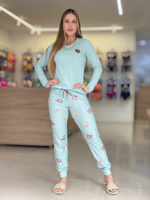 Pijama longo suede calca com punhos