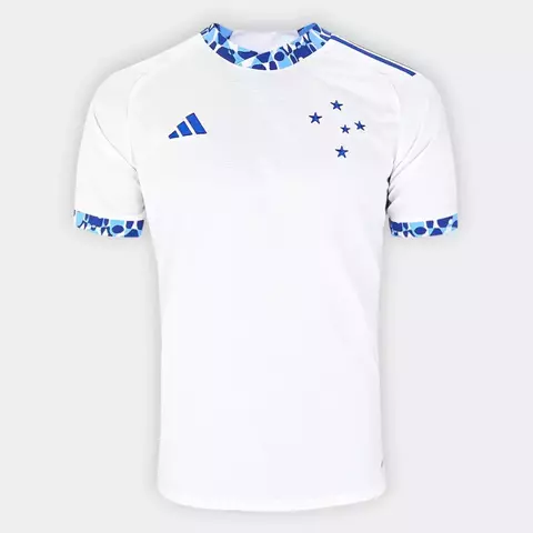Camisa branca do Cruzeiro com detalhes em azul, modelo torcedor masculino 2024-2025.Nova Camisa Cruzeiro II Torcedor Masculina 2024 - 2025